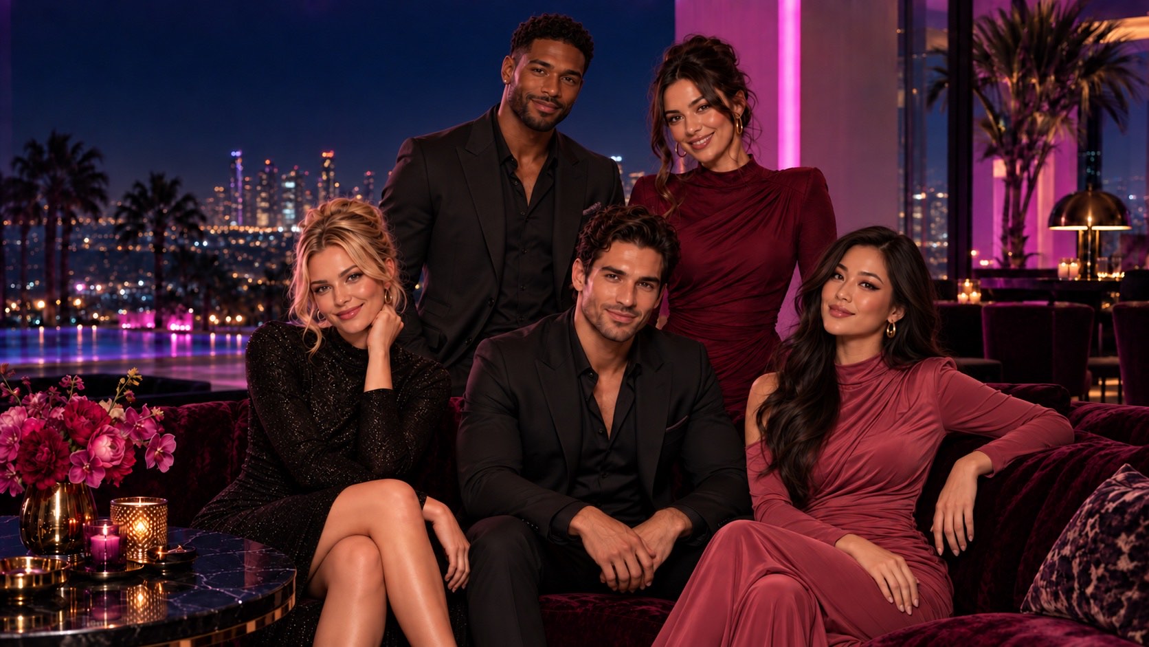 Three glamorous adults seated with a handsome Black man and brunette woman standing behind them in a pink-lit penthouse lounge